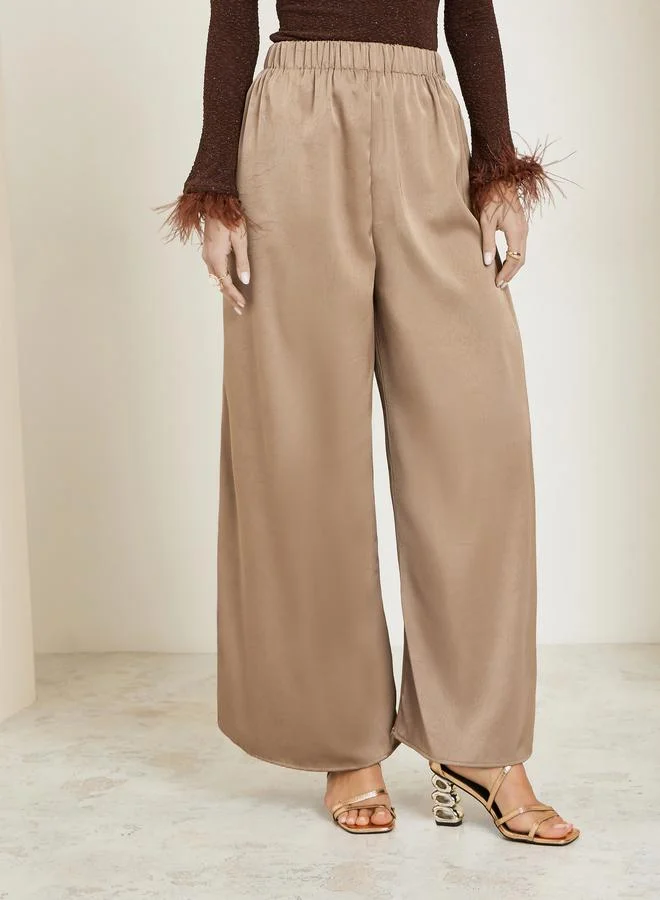 Styli  Brown Satin Kimono and Wide Leg Pants Set for Women | Best Price UAE